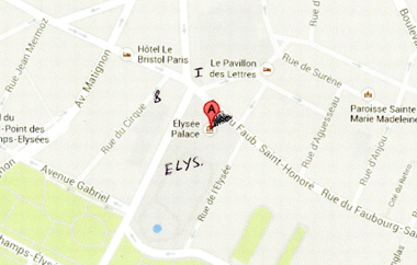 Le 8, rue du Cirque, une adresse proche de l’Élysée et du ministère de l’Intérieur (extrait carte Google, annotations DS)  