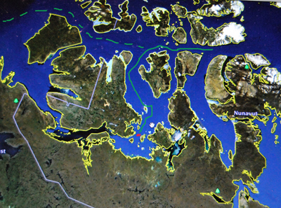 Le distance parcourue par le navire qui vient d’être retrouvé par les équipes de Parcs Canada (illustration Maghnord sur photo d’écran Google Earth) 